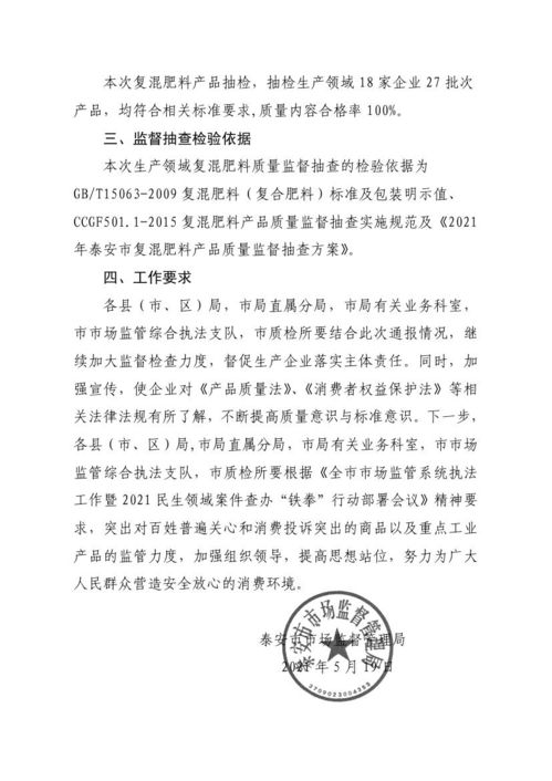 山东省泰安市市场监督管理局关于2021年度生产领域复混肥料商品质量市级专项监督抽查情况的通报